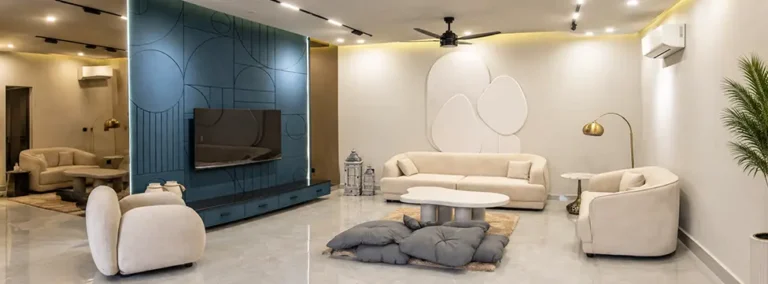 A bespoke modern living room showcasing the interior design phase of turnkey construction services in Islamabad